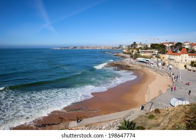 Resort town of Estoril in Portugal, beach on the Atlantic Ocean and seaside promenade.