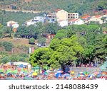 Resort town on the coast of Montenegro. Cove with boats on the Adriatic Sea, a small tourist town with beaches. Tourist trips, swimming in the sea with boats and buoys. Sanatoria casino and bouzas img