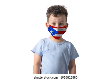 Respirator With Flag Of New Caledonia. White Boy Puts On Medical Face Mask Isolated On White Background.