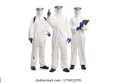 Response Team In Hazmat Suits With Protective Equipment Isolated On White Background