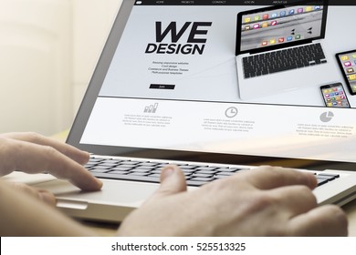 responsive design concept: man using a laptop with website on the screen. Screen graphics are made up.