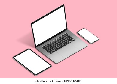 Responsive Devices Mockup On Pink Pastel Desk. Isometric Position. Laptop, Tablet And Smart Phone