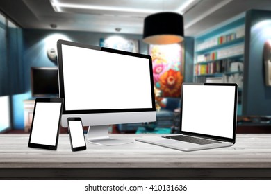 Responsive display devices on table in living room. Isolated white screen for mockup presentation.