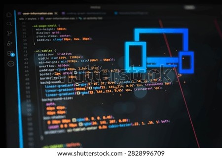 Responsive web design concept with desktop, tablet and smartphone icons over source code, representing frontend development, adaptive layouts, cross device compatibility and modern digital technology.