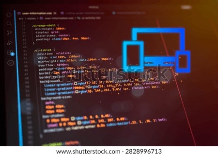 Responsive web design concept with desktop, tablet and smartphone icons over colorful source code, representing frontend development, adaptive layout, cross device compatibility and digital technology.