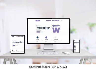 Umfassende Web-Design Studio-Werbung auf Tablet, Computer-Display und Smartphone. Kreatives Webseitenkonzept. Sauberer Schreibtisch mit Geräten