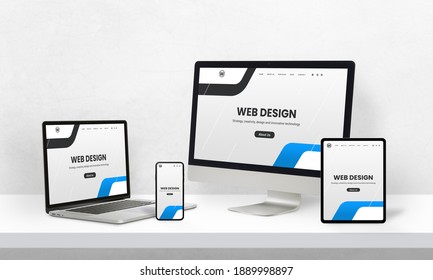 Umfassende Webseitenwerbung auf Geräten mit unterschiedlichen Anzeigegrößen. Web-Design-Studio-Promotion-Konzept