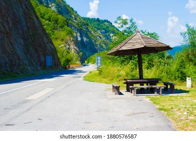 Rest Area On Motorway With Benches And Wooden Sun Protector