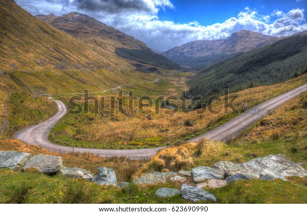 Rest and be\
thankful view Scotland UK the highest point on the A83 divides Glen\
Kinglas from Glen Croe in\
hdr