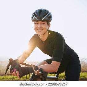 Rest, cycling and fitness with portrait of woman in nature for training, workout and sports cardio. Health, relax and thinking with female cyclist riding on bike for exercise, endurance and challenge - Shutterstock ID 2288693267