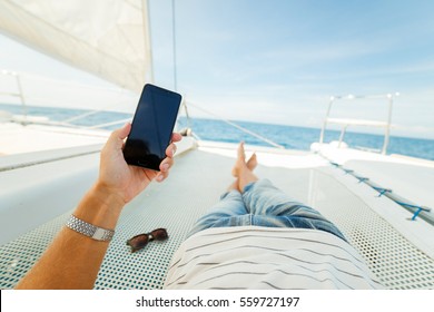 Rest on a yacht in the first person. Feet first person - Powered by Shutterstock