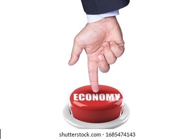 Restart Global Economy Concept With Businessman Hand Pushing Red Button