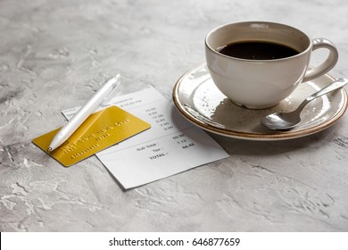 Restaurant Bill, Card And Coffee On Stone Table Background