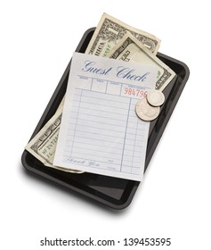 Restaurant Bill With Money On Payment Tray Isolated On A White Background.