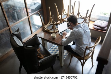 Restaurant, Cafe, Bar Closed Due To COVID-19 Or Coronavirus Outbreak Lockdown, Stressed Owner Of Small Business, Depression. Businessman Exhausted, Upset. Business, Economy, Finance Crisis.