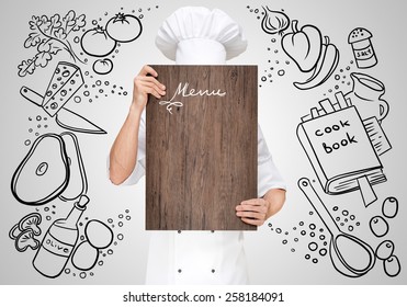 Restaurant Chef On A Sketchy Background Hiding Behind A Wooden Chopping Board For A Business Lunch Menu With Prices.