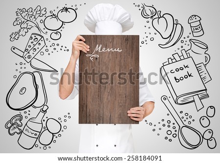 Restaurant chef on a sketchy background hiding behind a wooden chopping board for a business lunch menu with prices.