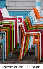 Restaurant Closed, Colorful Chairs Stacked