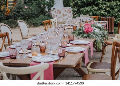 Restaurant decorated on farm on the day of the wedding. Waiting for the guests