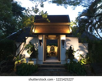 Restaurant Entrance Night Lighting Tree Plant Roof Old White Wall