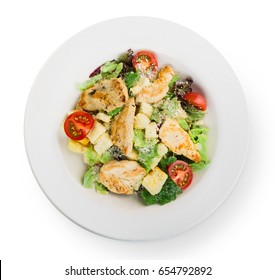 Restaurant Food, Caesar Salad, Isolated At White Plate, Top View