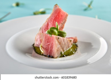 Restaurant Food - Delicious Fried Tuna Fillet With Sesame Outside. Gourmet Restaurant. Delicious Dish