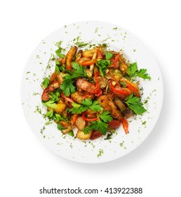 Restaurant Food - Roasted Potatoes With Vegetables And Mushrooms, Parsley Isolated At White Background. Top View.