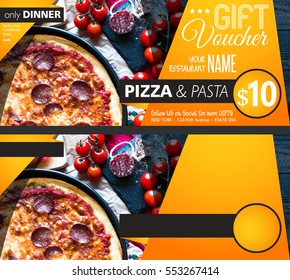 Restaurant Gift Voucher Flyer Template With Delicious Taste Pepperoni Cheese Pizza And Space For Your Text.