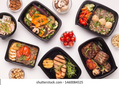 Restaurant healthy food delivery in take away boxes for daily nutrition on white background - Shutterstock ID 1460084525