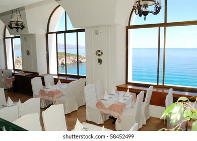 Restaurant Interior At The Luxury Hotel, Crete, Greece