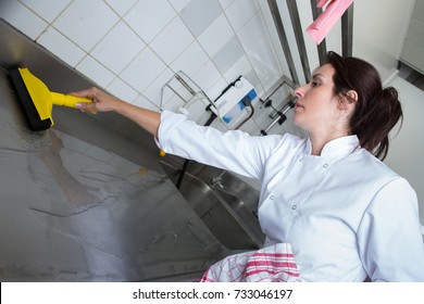 Restaurant Kitchen Staff Cleaning Her Work Station