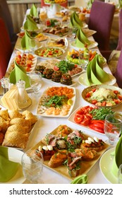 Restaurant Long Table Served With Snack Food And Drink For The Party