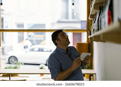 Restaurant manager using digital tablet checking stock and taking inventory of wine bottles on shelf