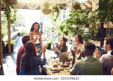 Restaurant, meeting and woman with business people applause for lunch discussion, planning and presentation. Cafe, teamwork and men and women celebrate for team building, collaboration or achievement - Powered by Shutterstock