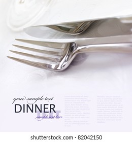 Restaurant Menu Series. Wedding Or Dinner Table Place Setting. Fork And Knife And Glass In Elegant  Setting With Copyspace