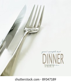 Restaurant Menu Series. Wedding Or Dinner Table Place Setting. Fork And Knife And Glass In Elegant Setting With Copyspace