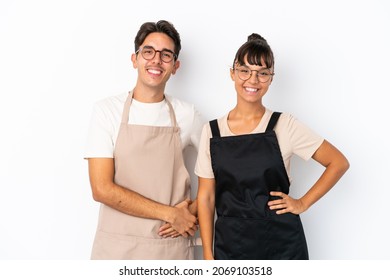 Restaurant Mixed Race Waiters Isolated On White Background Posing With Arms At Hip And Smiling