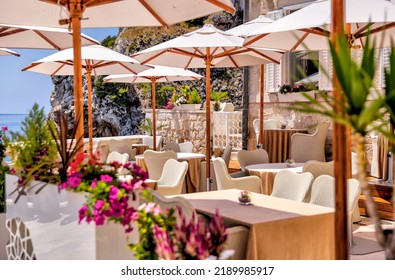 Restaurant Patio In Dubrovnik, Croatia With Views Of The Adriatic Sea
