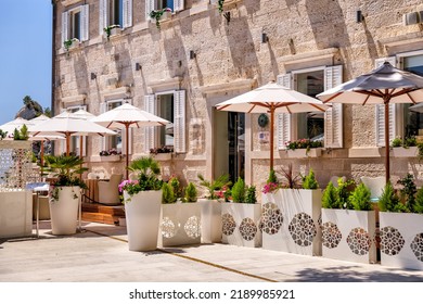 Restaurant Patio In Dubrovnik, Croatia With Views Of The Adriatic Sea
