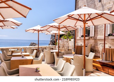 Restaurant Patio In Dubrovnik, Croatia With Views Of The Adriatic Sea
