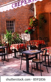 Restaurant Patio In Medieval Town Of Sarlat, France