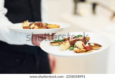 Restaurant, plates and waiter serving food for fine dining, luxury meal and classy date for valentines day. Hospitality service, dinner and server with supper for a formal event, party or celebration