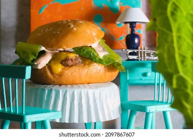 Restaurant Scene Forced Perspective Larger Than Life Giant Cheeseburger Shot With Miniature Doll Furniture