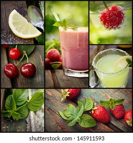 Restaurant Series. Collage Of Summer Fruit Drinks. Strawberry Smoothie, Lemonade And Chery Fizzy Drinks With Tropical Fruit.