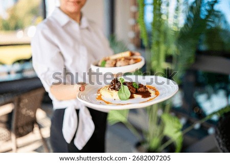 Restaurant server holding two plated meals with meat, mashed potatoes, and vegetables in a bright, upscale dining setting. Food presentation and hospitality concept