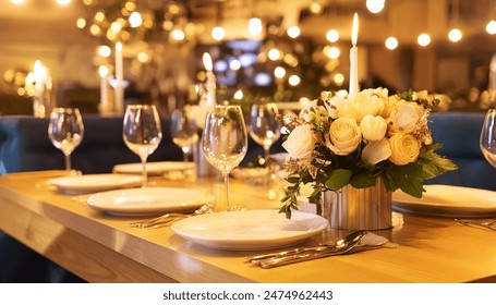 In a restaurant setting, a luxurious dinner meet immerses viewers in the cozy ambiance of a bustling luxury restaurant. Background with blurred flowers and candles  - Powered by Shutterstock