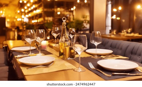 In a restaurant setting, a luxurious dinner meet immerses viewers in the cozy ambiance of a bustling luxury restaurant. Background with blurred flowers and candles  - Powered by Shutterstock