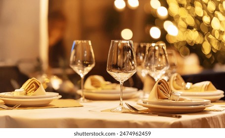 In a restaurant setting, a luxurious dinner meet immerses viewers in the cozy ambiance of a bustling luxury restaurant. Background with blurred flowers and candles  - Powered by Shutterstock