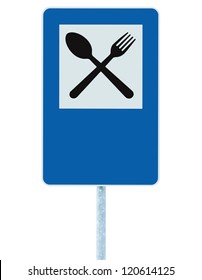 Restaurant sign on post pole, traffic road roadsign, blue isolated dinner bar catering fork spoon signage and blank empty copy space - Shutterstock ID 120614125