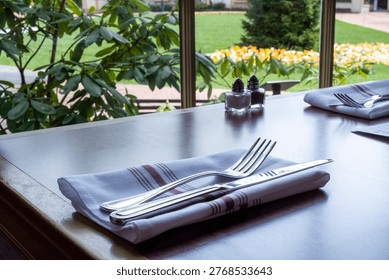 Restaurant Table Setting with Garden View at Peddler's Village PA